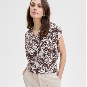 INC International Concepts Brown and White Printed V-Neck Smocked Waist Blouse